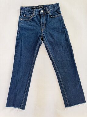 Mango Straight Leg Cropped Jeans High Rise Raw Hem Dark Wash Size 4 Denim